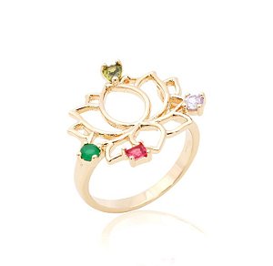 Anel flor de lotus cravejada com cristais esmeralda, turmalina rosa, peridoto.