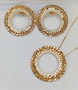 Conjunto brincos e colar corrente circulares cravejados com zircônias cristal