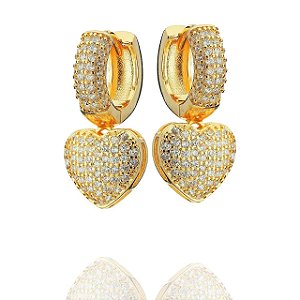 Brincos argola pingente corações cravejados com zircônias cristal