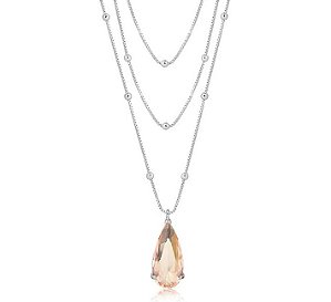 Colar triplo com bolinhas e pingente gota morganita. Ródio branco.