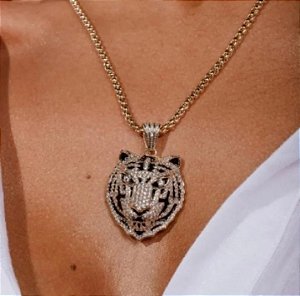 Colar cordão baiano com pingente tigre cravejado zircônias