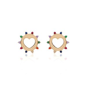 Brincos pino corações vazados com zircônias color nas laterais