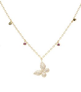 Colar pingente borboleta cravejado zircônias rubi