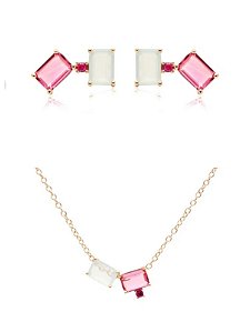 Conjunto brincos e colar escapulário dois cristais e zircônia color rubi