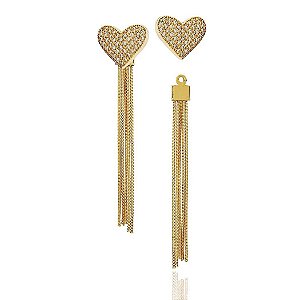 Brincos ear jacket com coração cravejado zircônias cristal e franjas