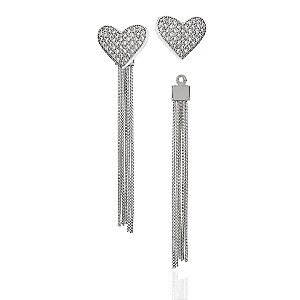 Brincos ear jacket com coração cravejado zircônias cristal e franjas