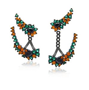 Brincos ear jacket com formato duas vírgulas cravejados com zircônias color