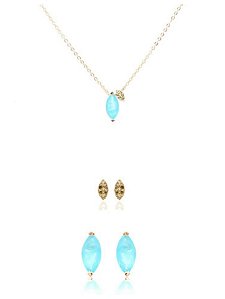 Conjunto de colar e kit de brincos navete fusion calcedonia e zirconias esmeralda