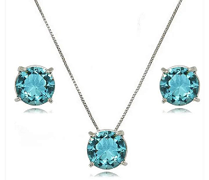 Conjunto colar e brincos com cristais gotas redondas azuis