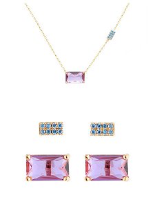Conjunto de colar e kit de brincos retângulos ametista e zirconias turquesa