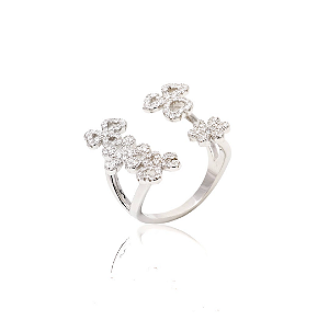 Anel aberto flores vazadas cravejadas com zircônias cristal, prata 925
