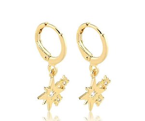 Brincos argolinha com pingente três estrelas com ponto de zircônia cristal