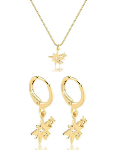 Conjunto brincos e colar com pingentes de três estrelas com zircônias cristal