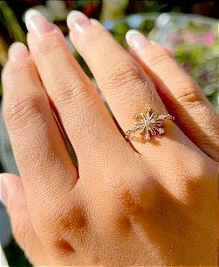 Anel falange corrente flor cravejada com zircônias cristal