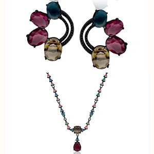 Conjunto colar gargantilha e brincos pino com zircônias color