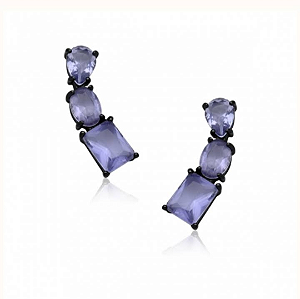 Brincos ear cuff com três zircônias ametista fusion, retangular, oval e gota