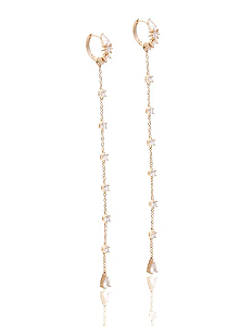 Brincos argolinha e corrente longa removível cravejada com zircônias cristal