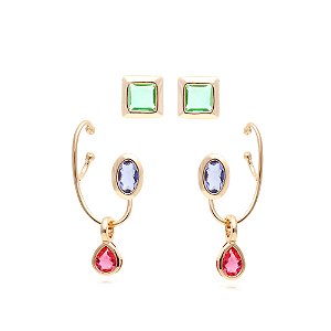 Brincos ear cuff com pingente gota turmalina rosa removível e 2 pares de brincos pino cristais london blue oval e ametista verde quadrado