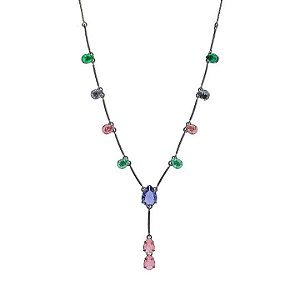 Colar gravatinha com pingentes cristais color e duas gotas cristal ametista