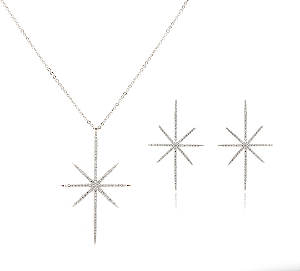 Conjunto colar e brincos pino estrelas 8 pontas cravejadas com zircônias cristal