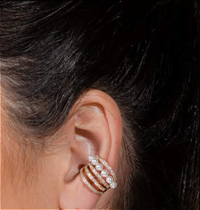 Brinco piercing fake linhas cravejadas com zircônias cristal e uma fileira de pérolas