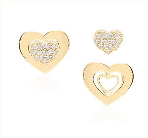 Brincos pino dois em um com coraçãozinho PPP cravejado com zircônias cristal