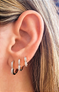 Brincos argolinhas coração kit trio P, M e G cravejadas com zircônias cristal