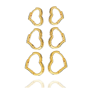 Brincos argolinhas coração vazado kit trio P, M e G, lisas