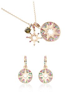 Conjunto colar e brincos argolinhas pingentes medalhas removíveis estrelas cravejadas com zircônias color