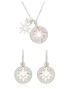 Conjunto colar e brincos argolinhas pingentes medalhas removíveis estrelas cravejadas com zircônias cristal