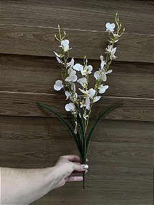 Buquê de Orquídea Chuva de Ouro Branca Silicone com Folhas
