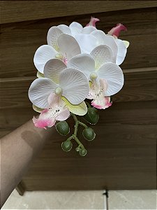 Galho de Orquídea Branco com Rosa Silicone P
