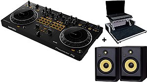 Kit Controlador Pioneer DJ DDJ-REV1 Com 2 Canais + Caixas de Som Monitores KRK Rokit 8 Rp8 G4 + Case Para Transporte com Plataforma Notebook