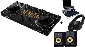 Kit Controlador Pioneer DJ DDJ-REV1 Com 2 Canais + Case Para Transporte com Plataforma Notebook + Fone Pioneer HDJ X5 Preto + Caixas de Som Monitores KRK Rokit 8 Rp8 G4