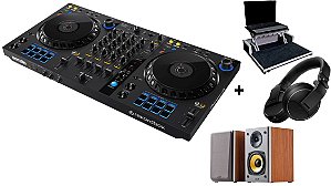 KIT DJ Controlador Pioneer 4 Canais DDJ FLX6 + Fone Pioneer HDJ X5 Preto + Monitor de Áudio Edifier R1000T4 Madeira + Case Com Plataforma