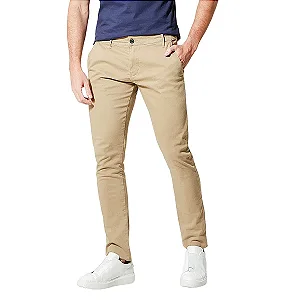 Calça Tommy Hilfiger De Sarja Chino Stretch Slim Fit Cor Bege