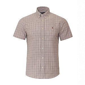 Camisa Ralph Lauren Masculina Manga Curta Fine Stripe Oxford Xadrez Cor CINZA