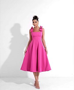 Vestido Midi Rosa Pink com Laço Louise
