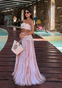 Conjunto de Cropped em Croche e Saia Longa Areia Maldivas