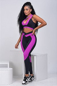 Conjunto Poliamida Feminino Dry Fit - Preto com Lilás