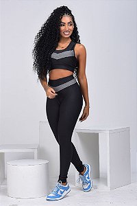 Conjunto Poliéster Feminino Dry Fit - Preto com Cinza