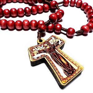 Terço Tau c/ Imagem de São Francisco Madeira 8mm Vermelha