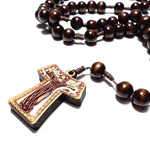 Terço Tau c/ Imagem de São Francisco Madeira 10mm Marrom