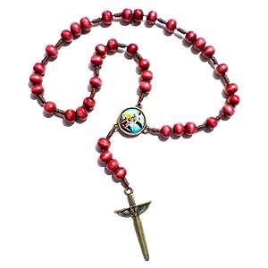 Terço Coroa Angélica de São Miguel Arcanjo Madeira Vermelha 8mm