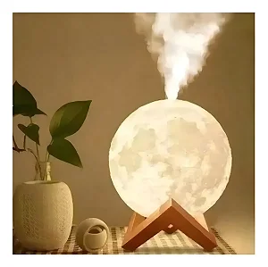 Luminária Lua Cheia 3 em 1 – Abajur, Umidificador e Aromatizador com Base em Madeira