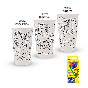 Kit Copos Eco para Pintar Unicórnio – Copos + Caixinha com 6 Gizes