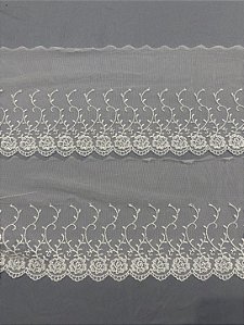 BT010 - 15cm x 13,70m | Renda Tule Bordado 100% Poliéster Branco