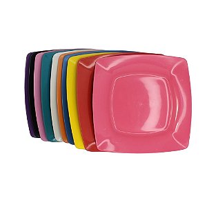 Prato Plástico Quadrado Refeição Cores Mistas 23,5cm
