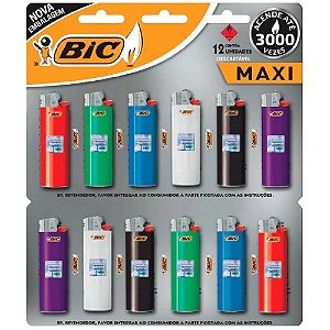 Isqueiro Cartela C/12 Un Bic Maxi Cores Sortidas Atacado