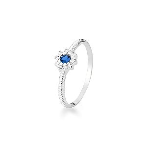 Anel de Formatura Flor Cravejada Prata 925 Azul